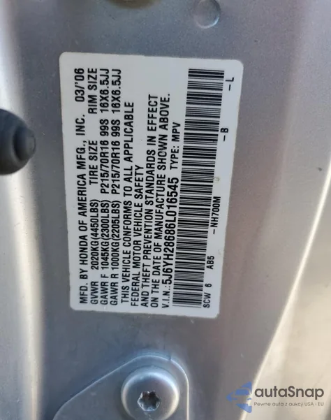 2006 Honda Element Ex из США, поврежденный, VIN 5J6YH28686L016545